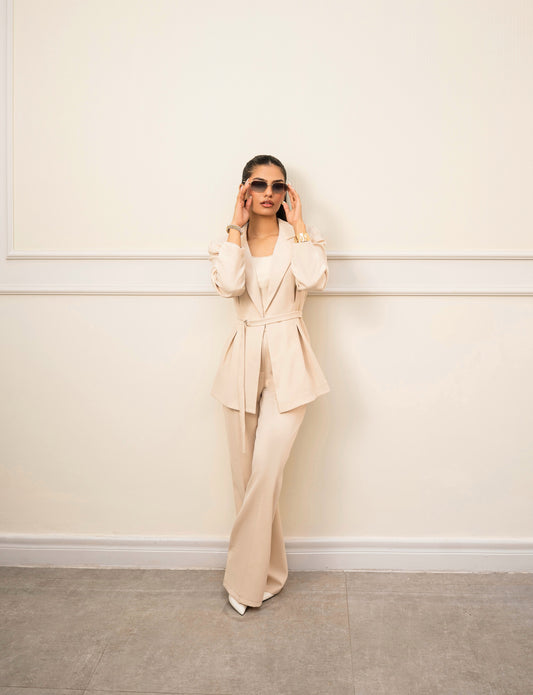 Beige Belted Suit Set